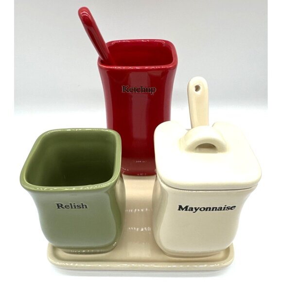 Longaberger Condiment Set 7 Piece Ketchup Relish Mayo Jars W/ Spoons